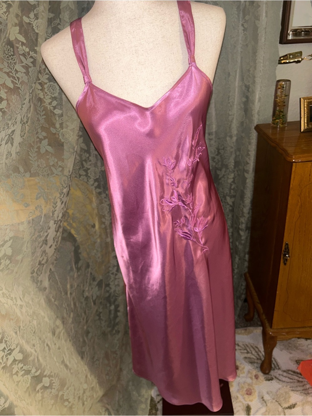 Silky Pink Satin Midi Slip Dress with Floral Embroidery
